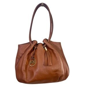 Michael Kors Brown Pebbled Leather Tassel Shoulder Bag Gold MK Charm Hobo